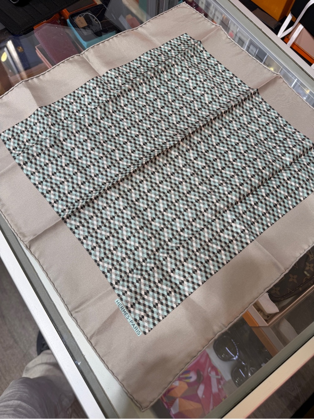 Hermes Beige and Mint Geometric Silk Scarf
